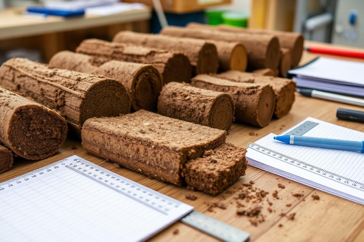 Layered soil core samples on the Sable Canyon laboratory inspection table